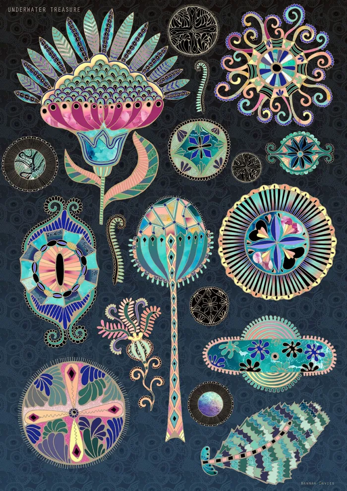 Intricate pastel abstract floral and geometric shapes by Hannah Davies
