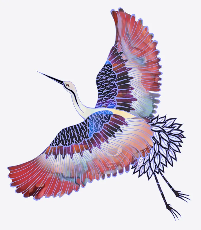 Colorful crane with detailed wings in flight by Hannah Davies