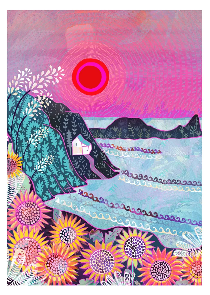 Vibrant sunflowers in foreground, blue hills, and red sun in pink sky