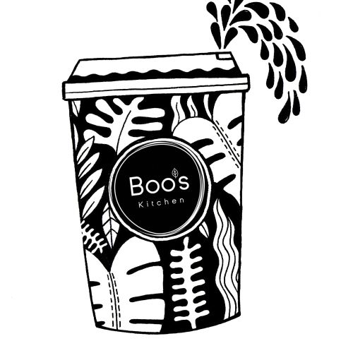 Black and white coffee cup with Boo's Kitchen logo and abstract leaf design