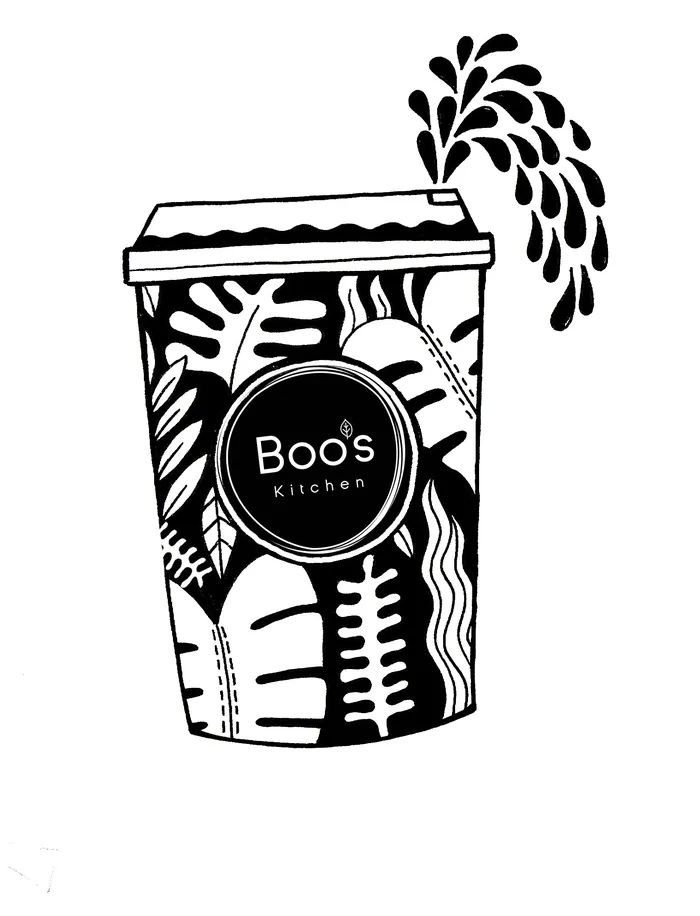 Black and white coffee cup with Boo's Kitchen logo and abstract leaf design