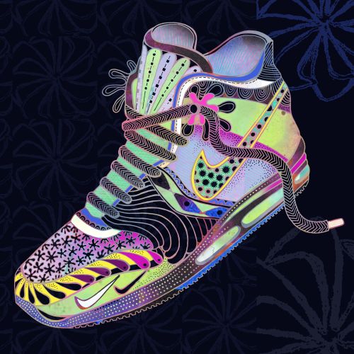 Colorful patterned Nike sneaker mural with floral background