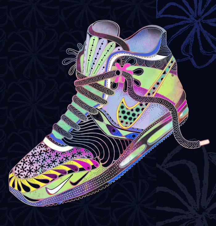 Colorful patterned Nike sneaker mural with floral background