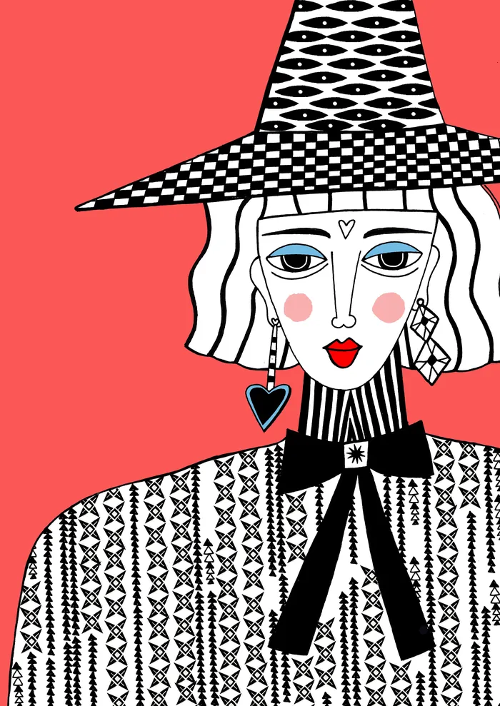 Black and white stylized woman with patterned hat and bow on red background