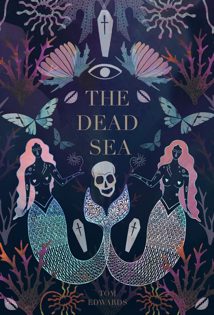 Illustration of two mermaids, skull, butterflies, and sea plants with 'The Dead Sea' text.