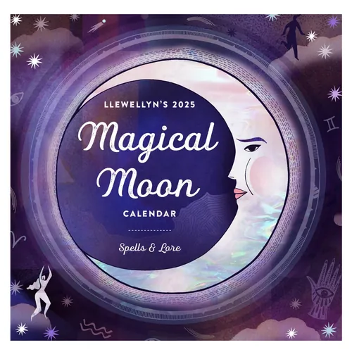 Magical Moon 2025 calendar cover with a crescent moon face and mystical symbols