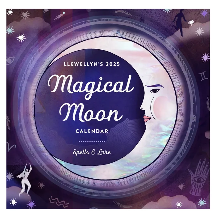 Magical Moon 2025 calendar cover with a crescent moon face and mystical symbols