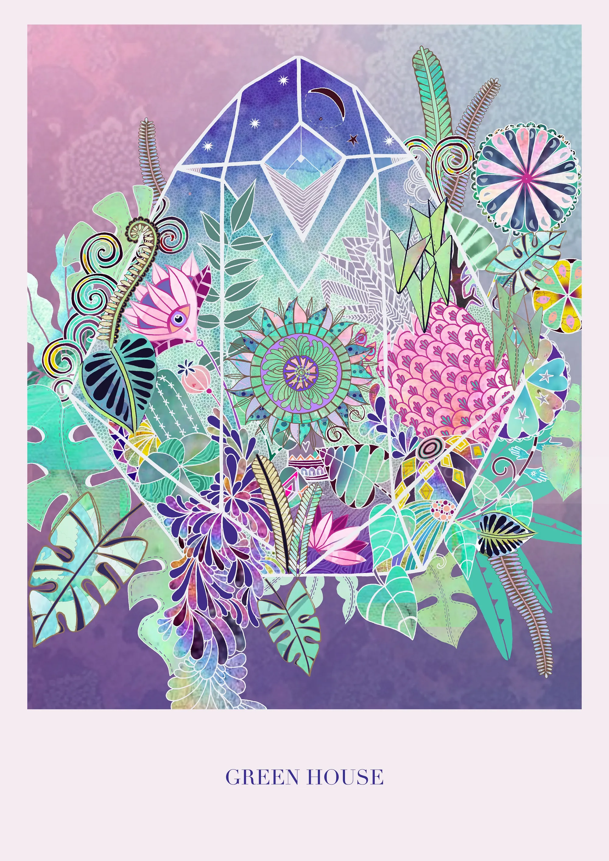Geometric crystal with vibrant plants and floral patterns on purple background
