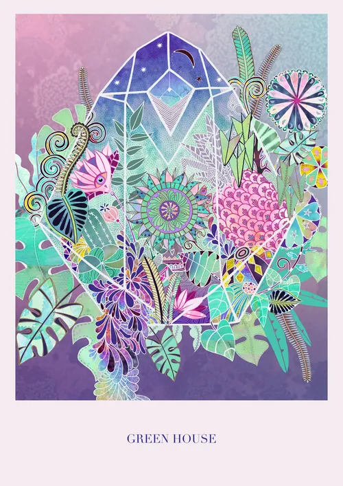 Geometric crystal with vibrant plants and floral patterns on purple background