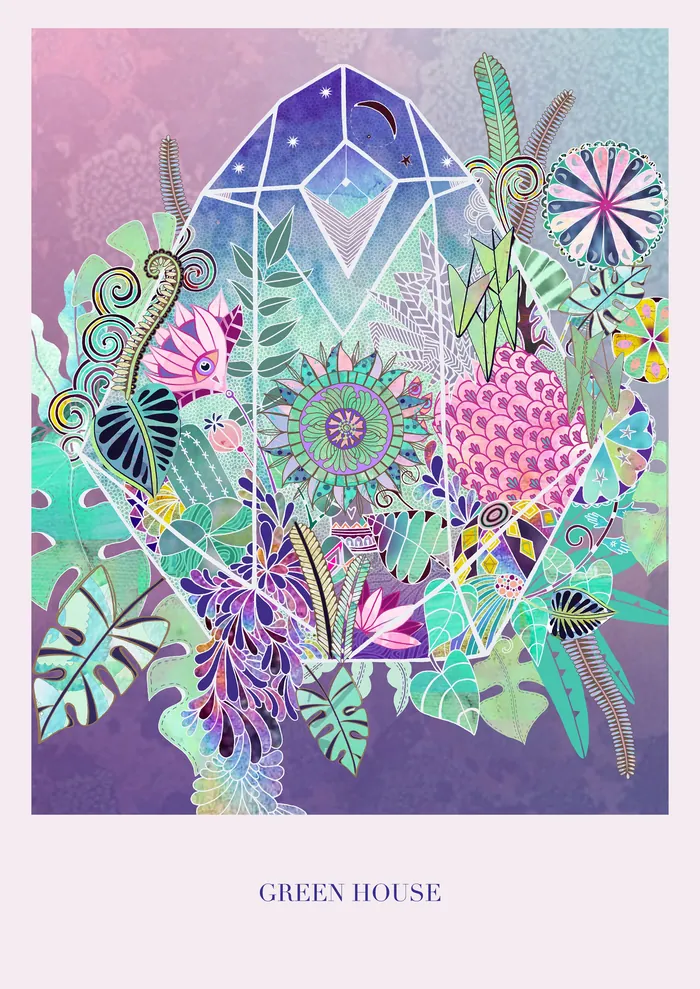 Geometric crystal with vibrant plants and floral patterns on purple background