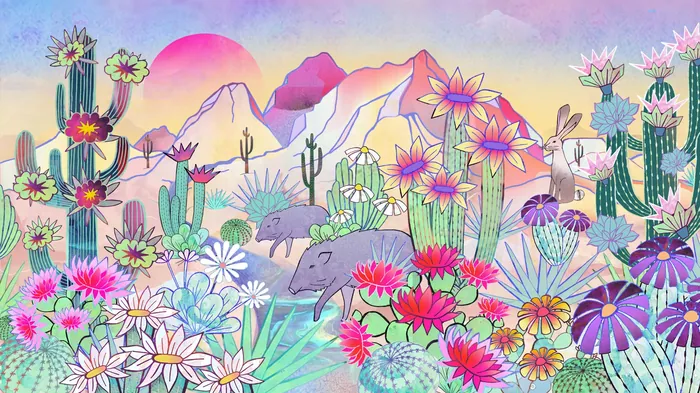 Vibrant desert scene with blooming flowers, cacti, mountains, and an animal
