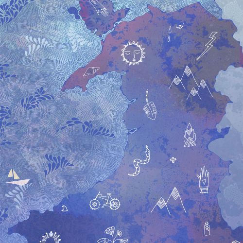 Illustrated map of Wales with symbolic icons and blue background