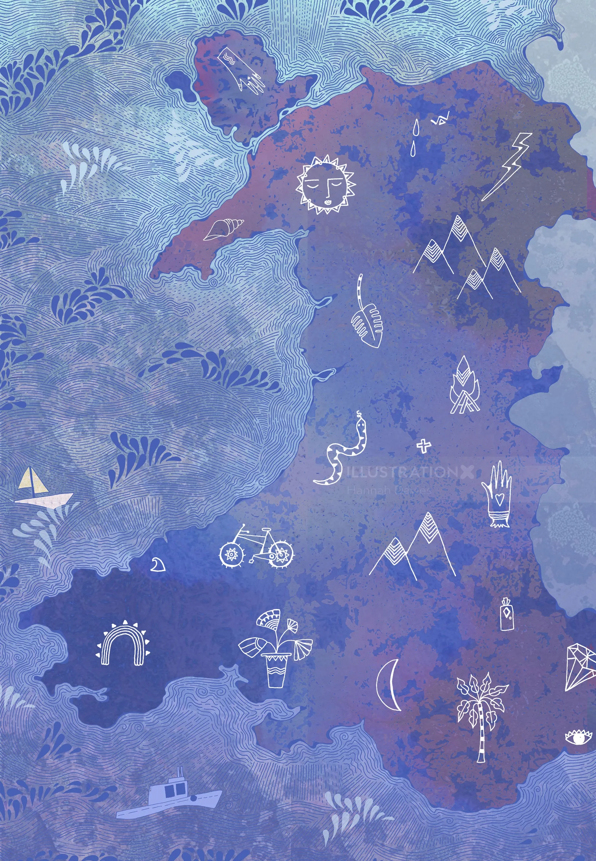 Illustrated map of Wales with symbolic icons and blue background