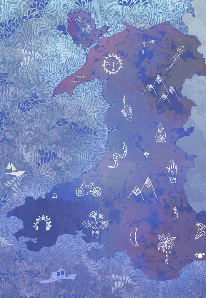 Illustrated map of Wales with symbolic icons and blue background