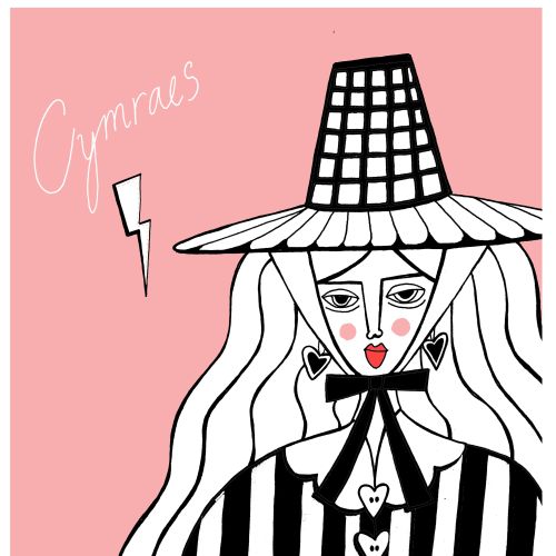 Illustration of woman wearing tall checkered hat and striped outfit on pink background