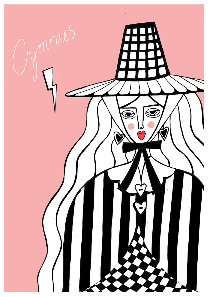 Illustration of woman wearing tall checkered hat and striped outfit on pink background