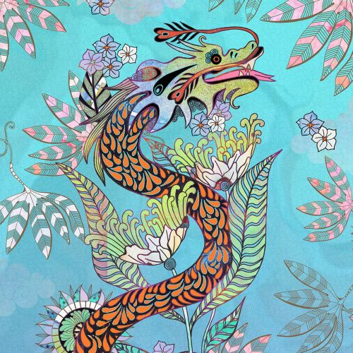 Ornate colorful dragon with floral patterns on a blue background