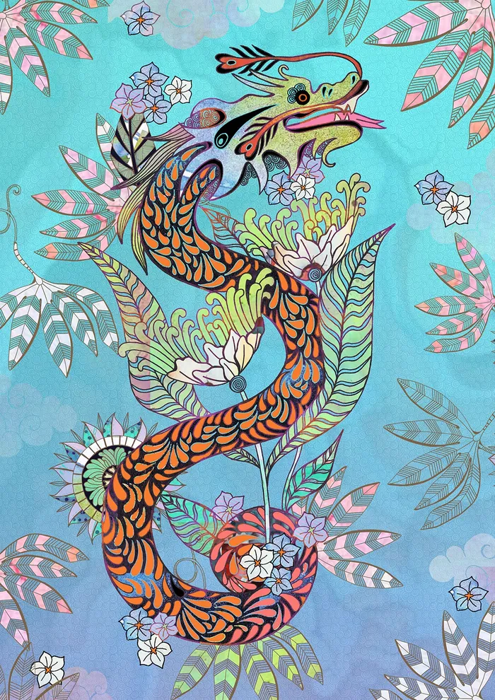 Ornate colorful dragon with floral patterns on a blue background