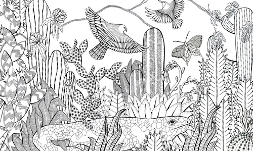Black and white desert illustration with lizards, birds, and various cacti plants.