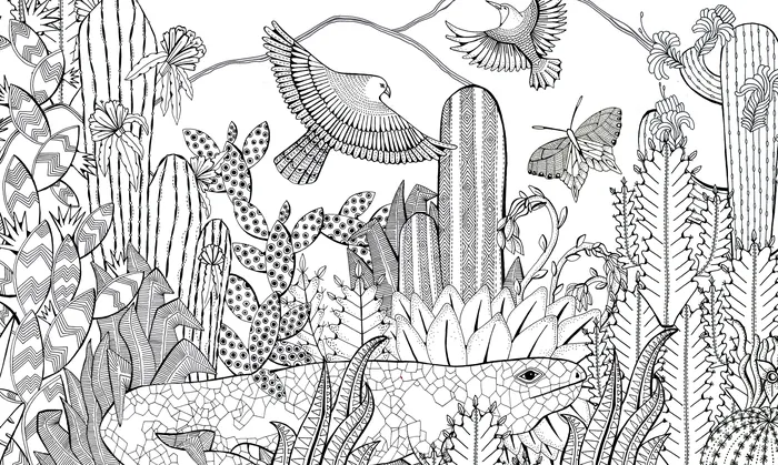 Black and white desert illustration with lizards, birds, and various cacti plants.
