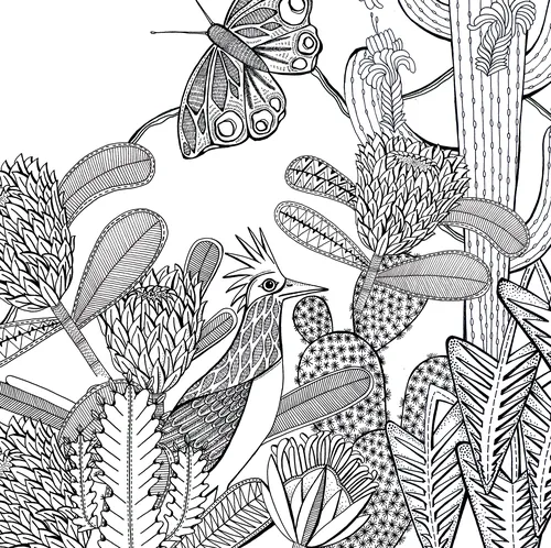 Line drawing of bird and butterfly surrounded by various detailed plants