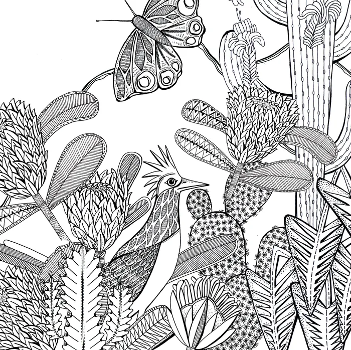 Line drawing of bird and butterfly surrounded by various detailed plants