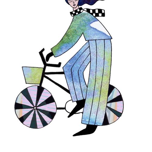 Illustration of a person with flowing hair riding a bicycle with patterned wheels