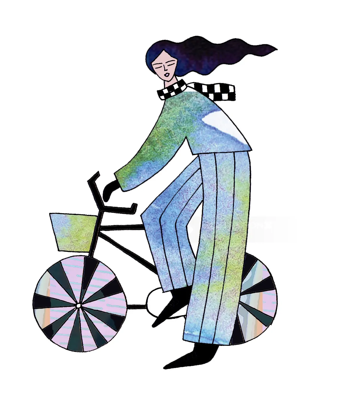 Illustration of a person with flowing hair riding a bicycle with patterned wheels
