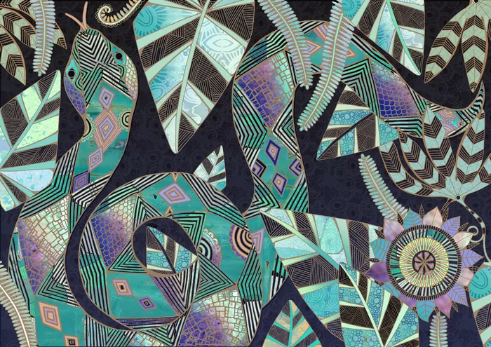 Abstract illustration with geometric shapes and intricate patterned designs