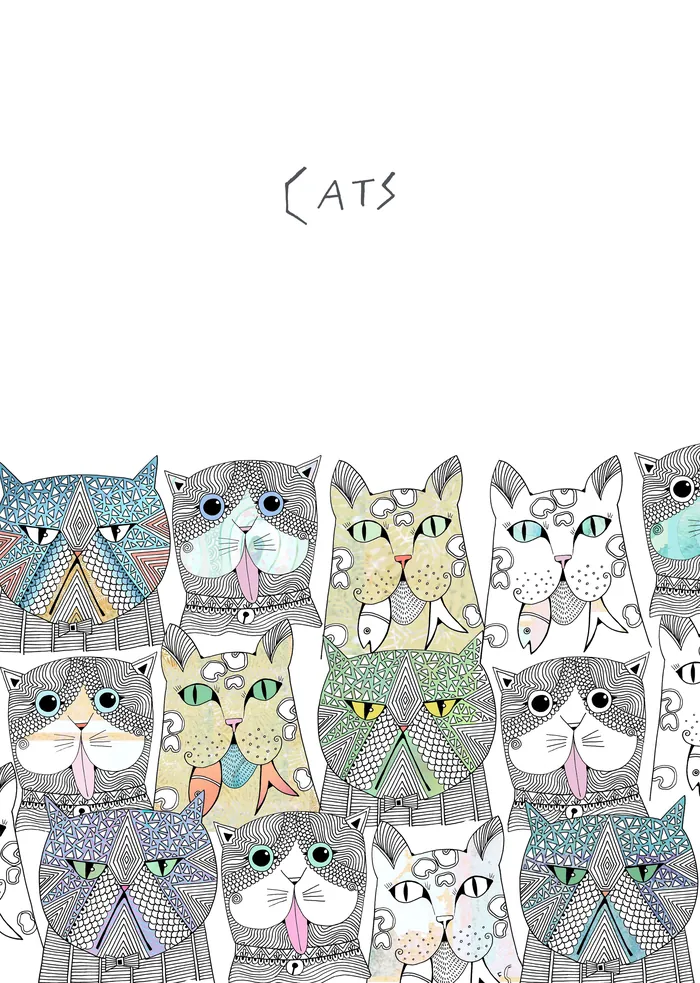 Colorful, patterned cats illustration with word Cats above