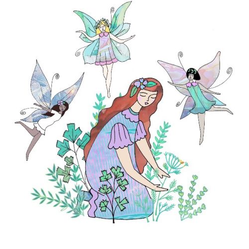 Girl with three fairies flying around her and green plants