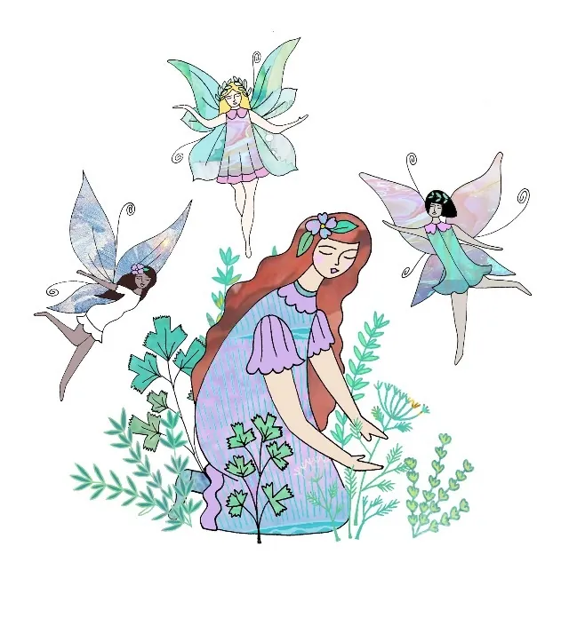 Girl with three fairies flying around her and green plants