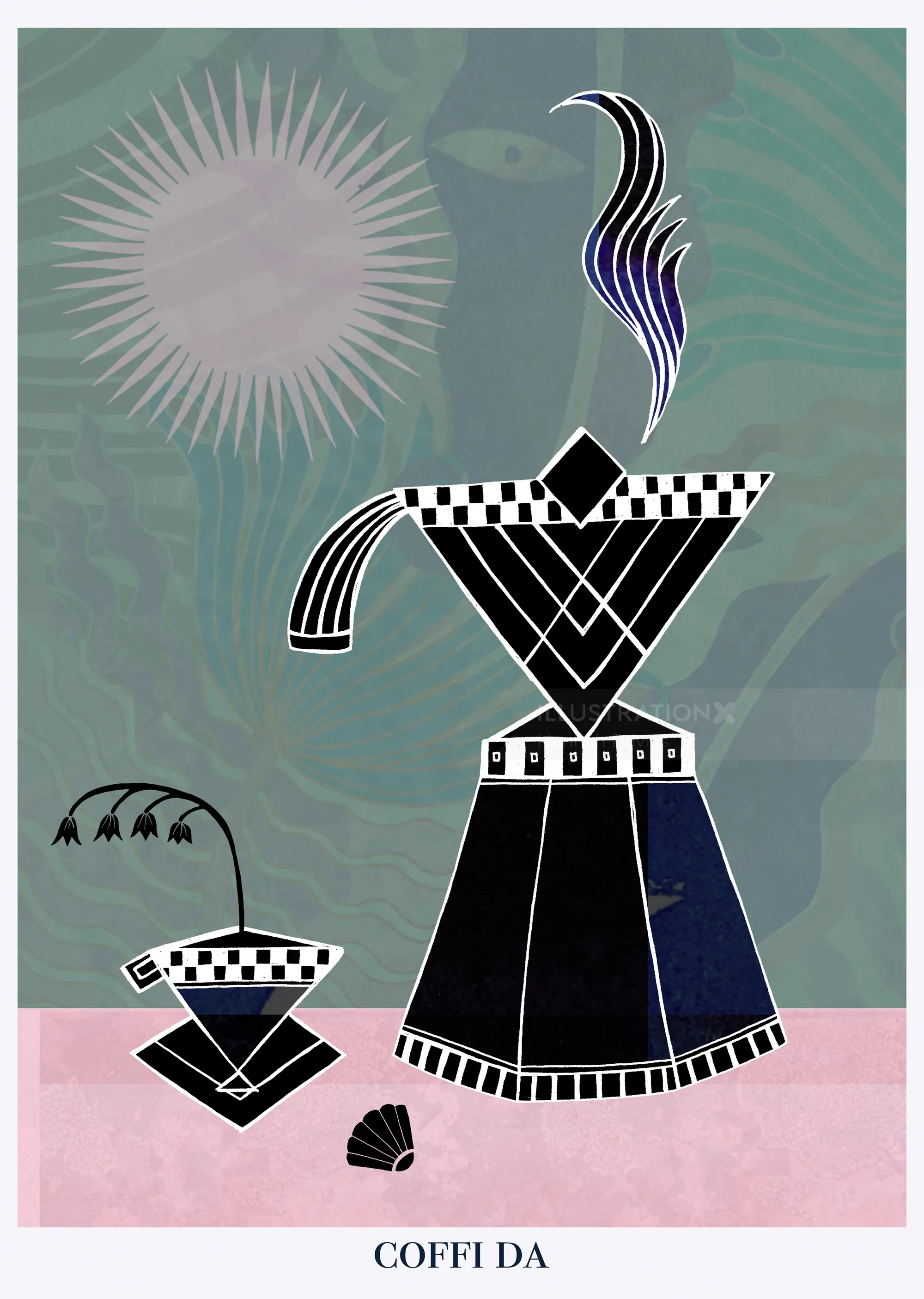 Bule de café geométrico e xícara com ilustração estilizada de vapor e sol