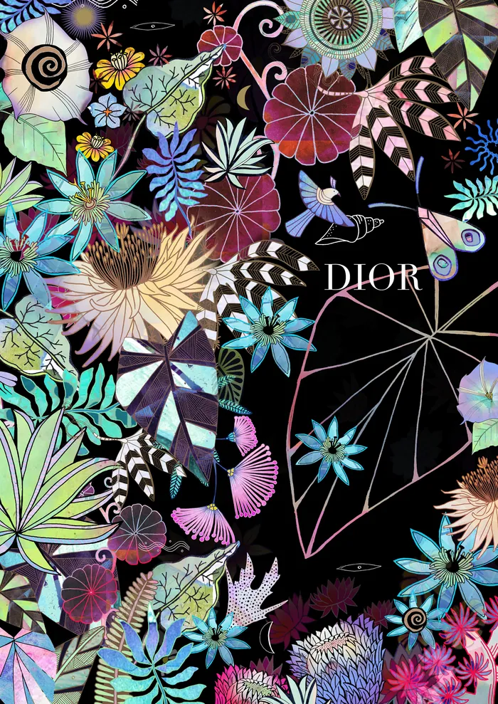 Vibrant floral design with butterflies and Dior logo on black background