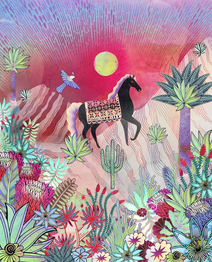 Black horse in surreal desert with colorful plants and vibrant sunset sky.