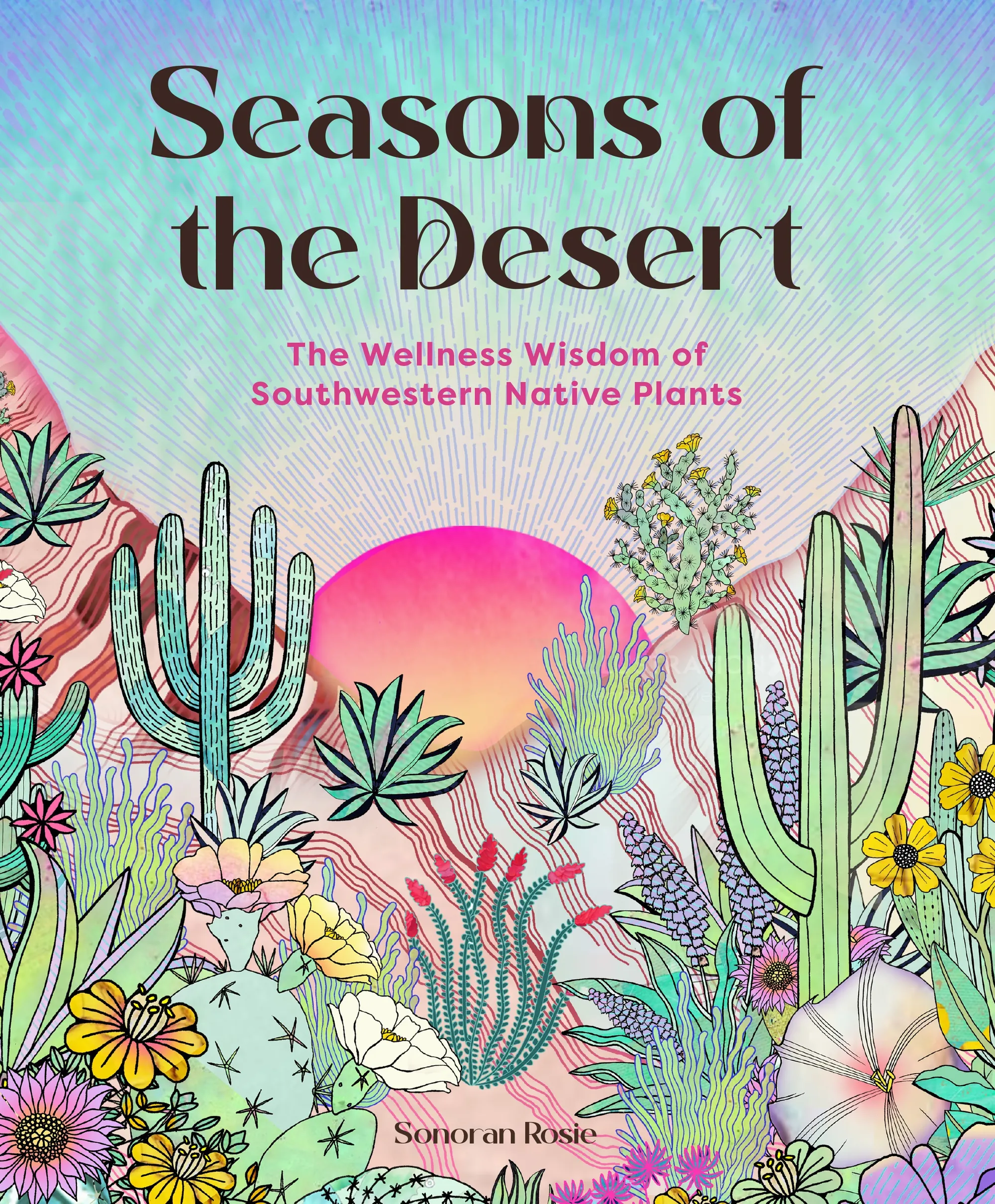 Illustration of desert plants with colorful background and wellness text
