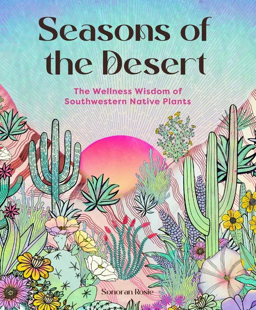 Illustration of desert plants with colorful background and wellness text