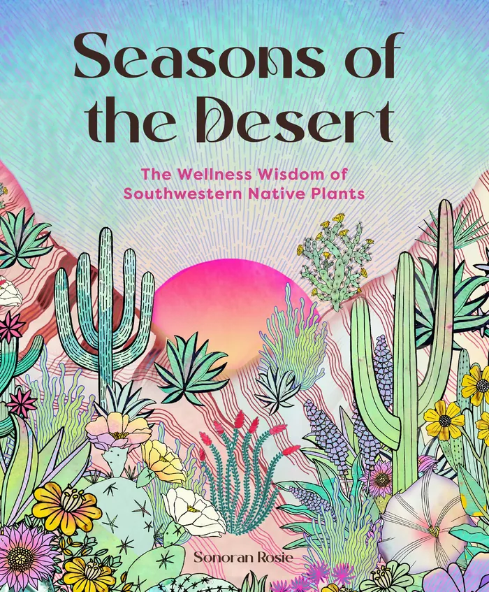 Illustration of desert plants with colorful background and wellness text