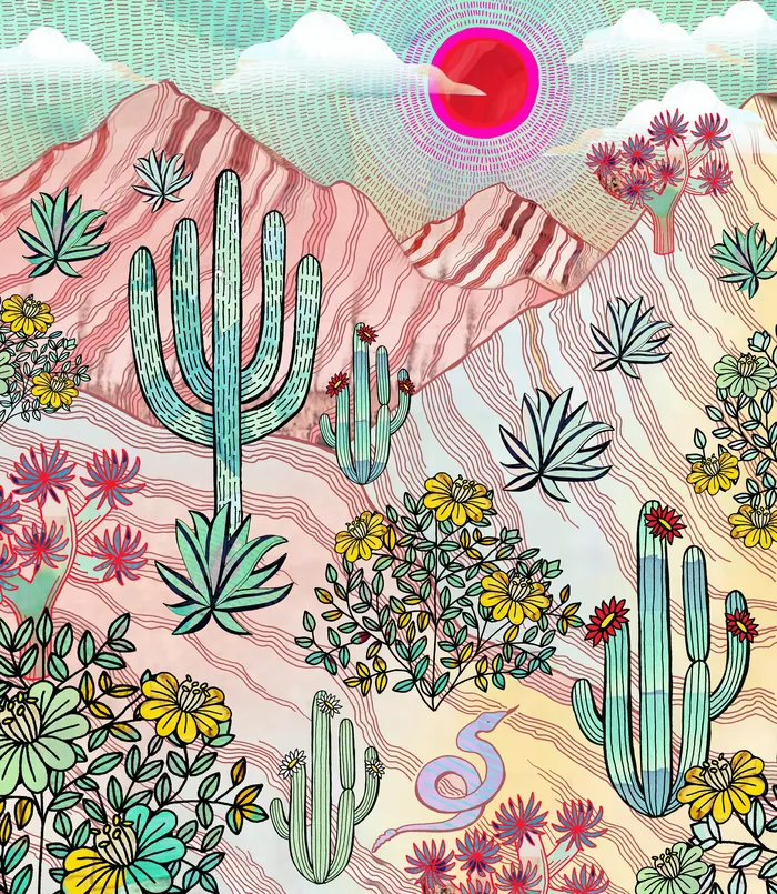 Desert scene with various cacti, flowers, mountains, and bright pink sun.