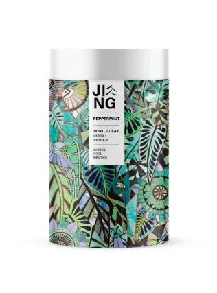 Jing Tea peppermint whole leaf herbal tea packaging with colorful botanical design
