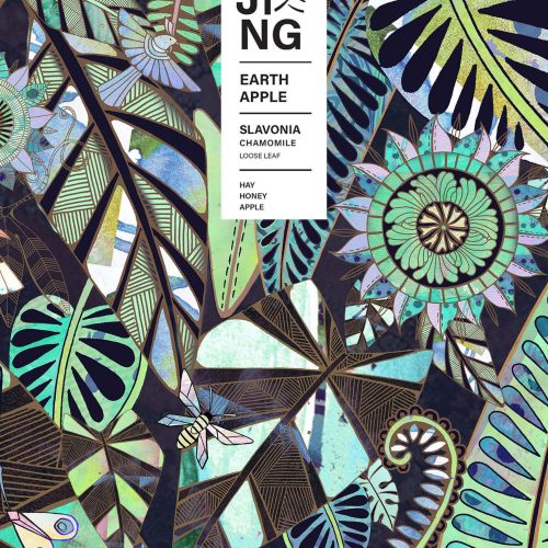 Abstract botanical design with leaves, flowers, and bees in vibrant colors