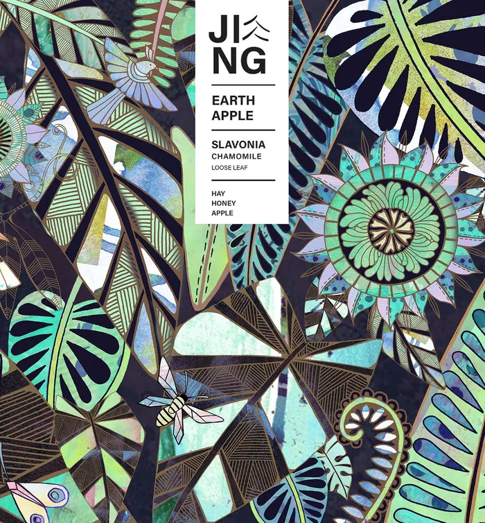 Abstract botanical design with leaves, flowers, and bees in vibrant colors
