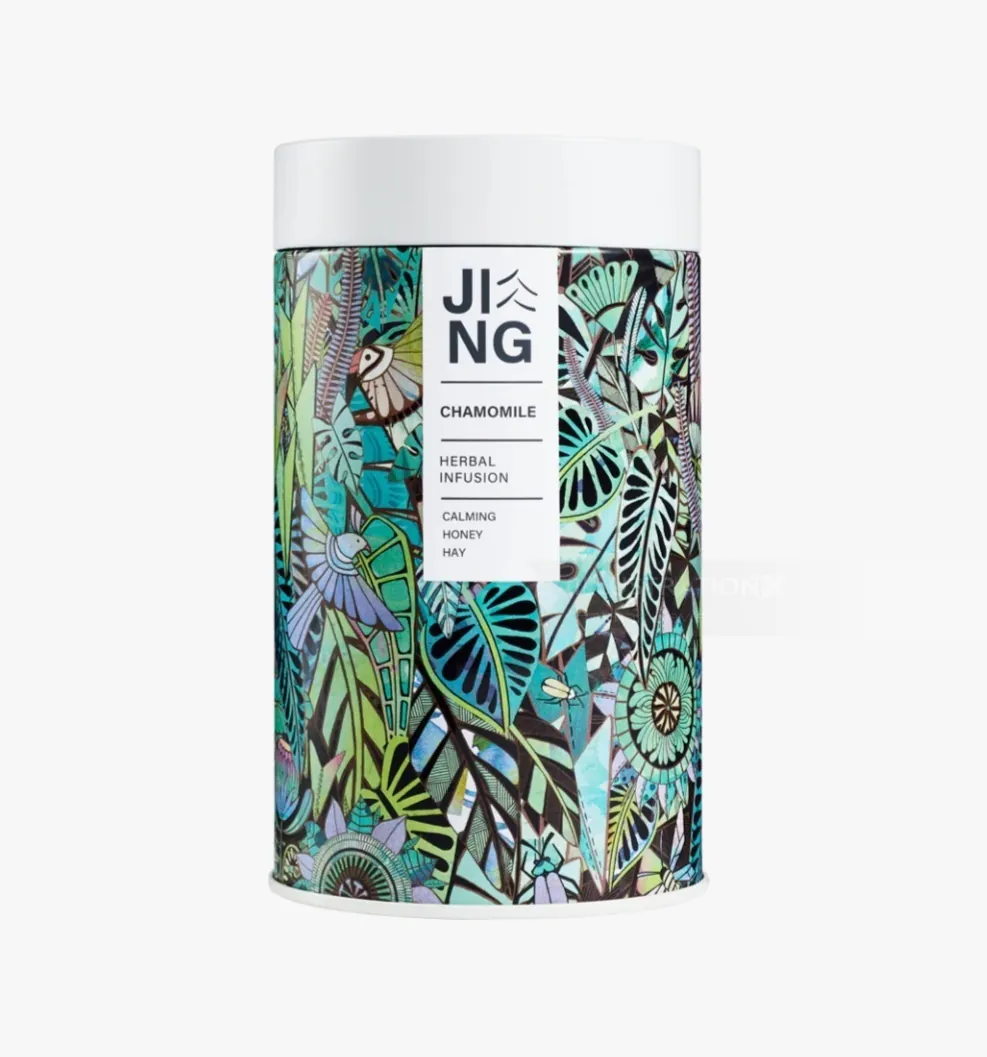 JING chamomile herbal infusion tin with colorful botanical artwork by Hannah Davies