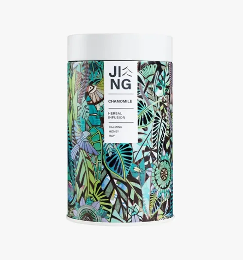 JING chamomile herbal infusion tin with colorful botanical artwork by Hannah Davies