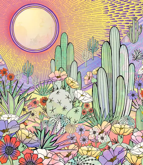 Colorful desert cactus and flowers with bright sun illustration by Hannah Davies
