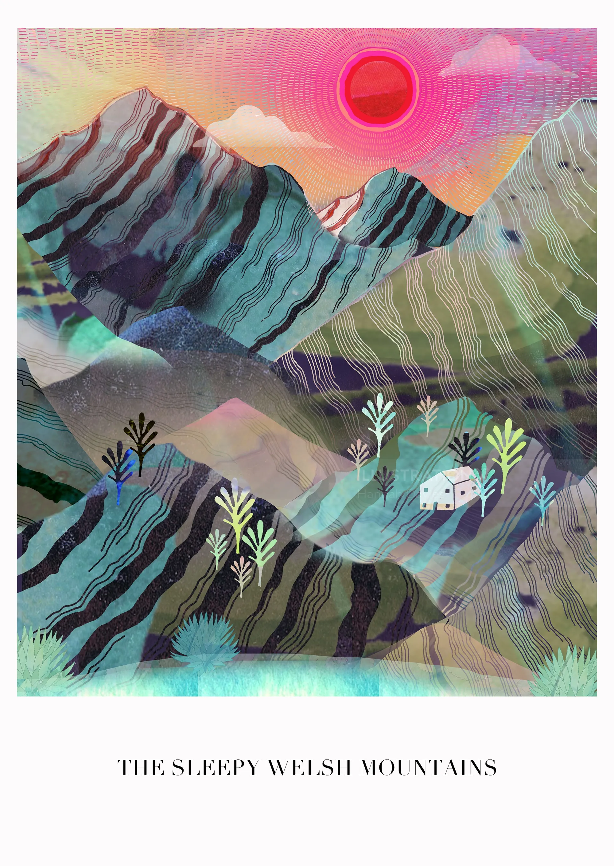 Abstract mountain landscape with red sun and houses by Hannah Davies