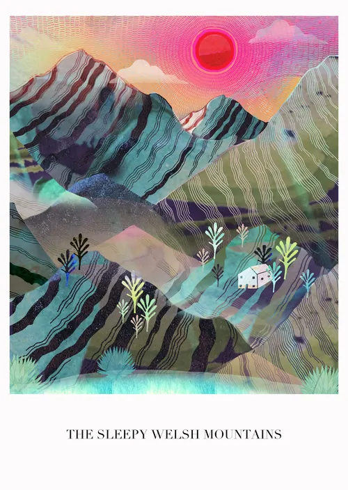 Abstract mountain landscape with red sun and houses by Hannah Davies
