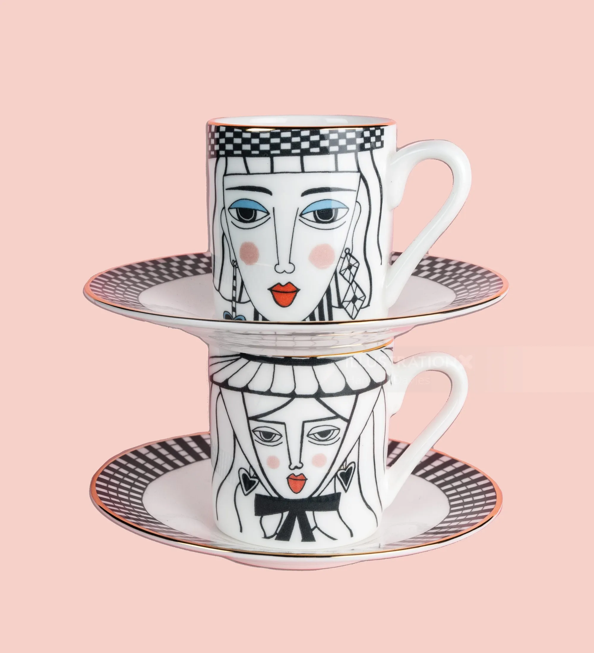 Two stacked illustrated teacups with faces on saucers by Hannah Davies