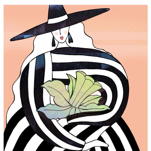 Woman in black and white striped dress with hat holding leaves by Hannah Davies