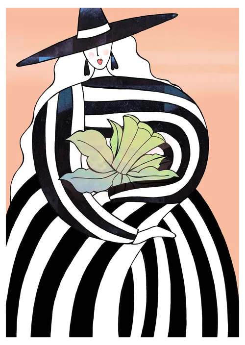 Woman in black and white striped dress with hat holding leaves by Hannah Davies